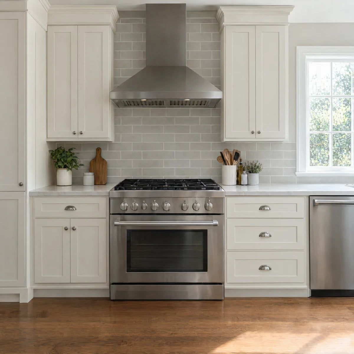 Stainless steel kitchen range and ventilation hood