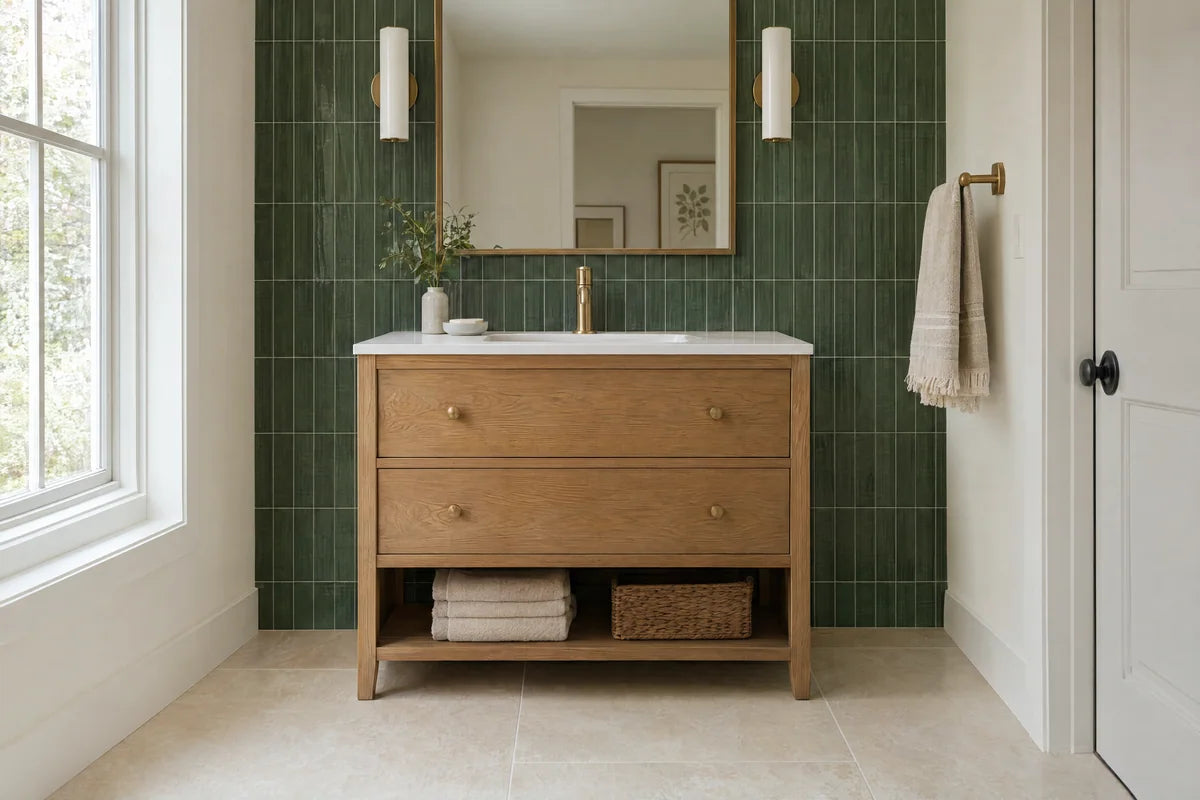 Oak vanity and green tile backsplash in a coordinated bathroom inspiration scene