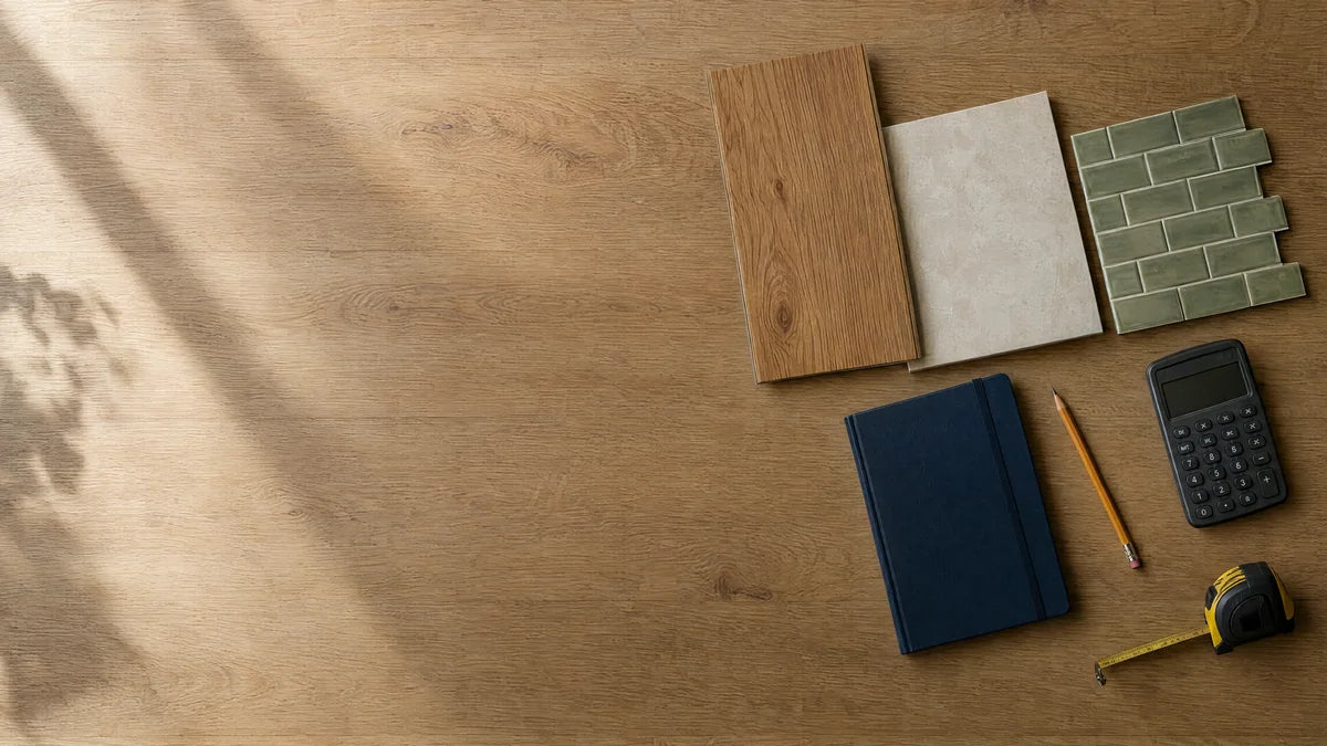 Flooring and tile samples with a notebook and calculator for purchase planning