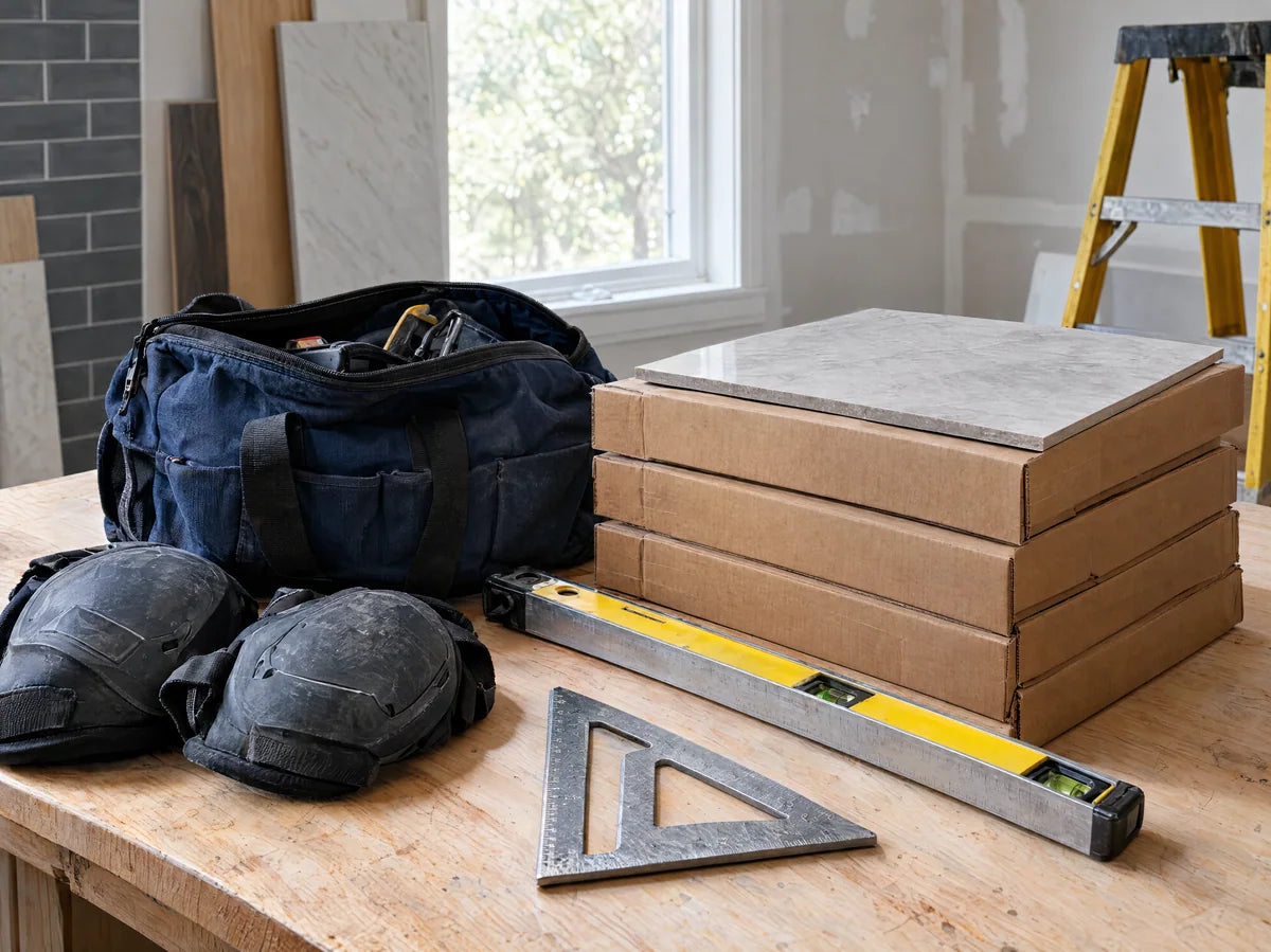 Contractor tool bag, level and tile samples ready for a project