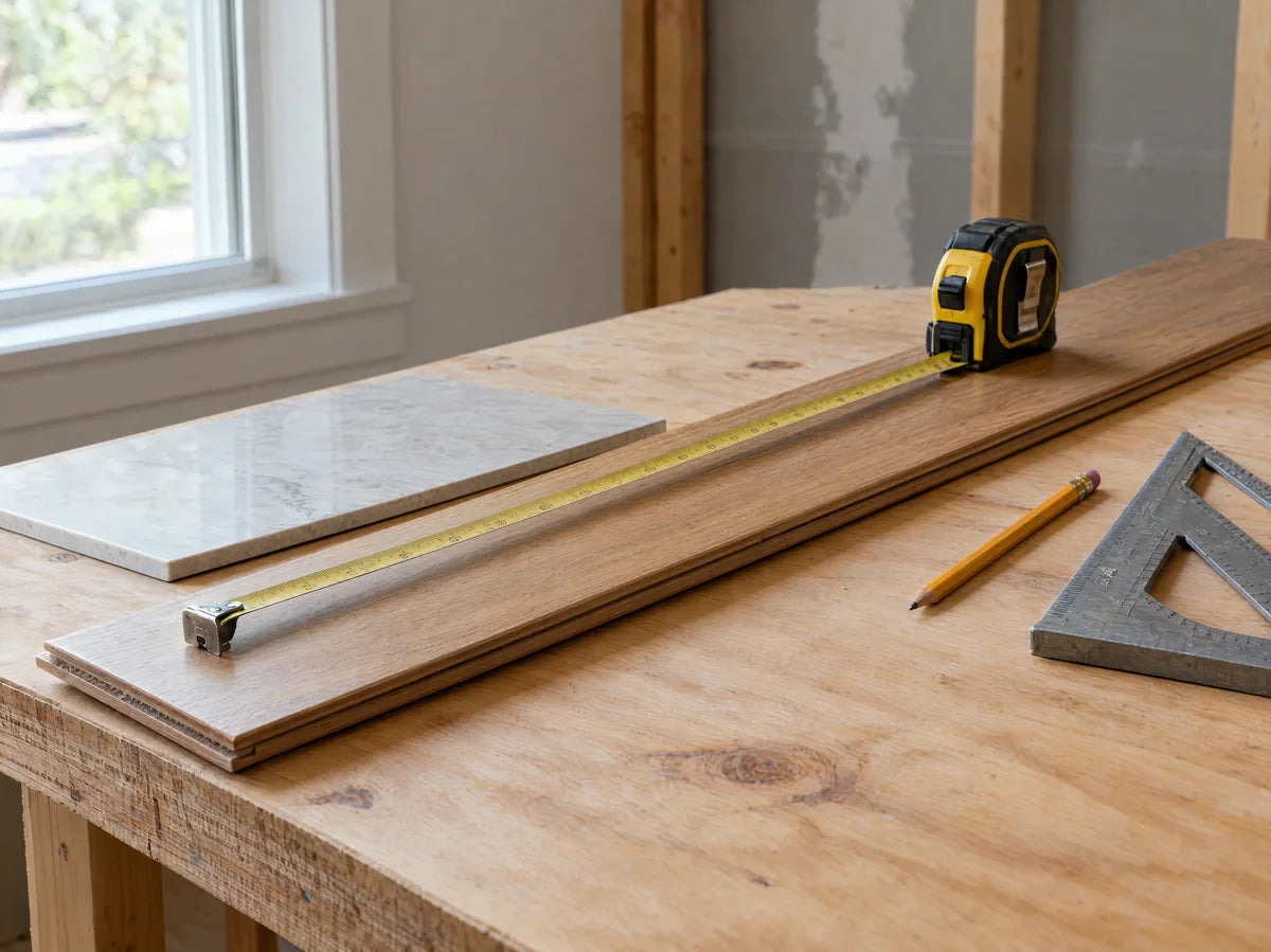 Flooring sample with measuring tape, carpenter square and pencil