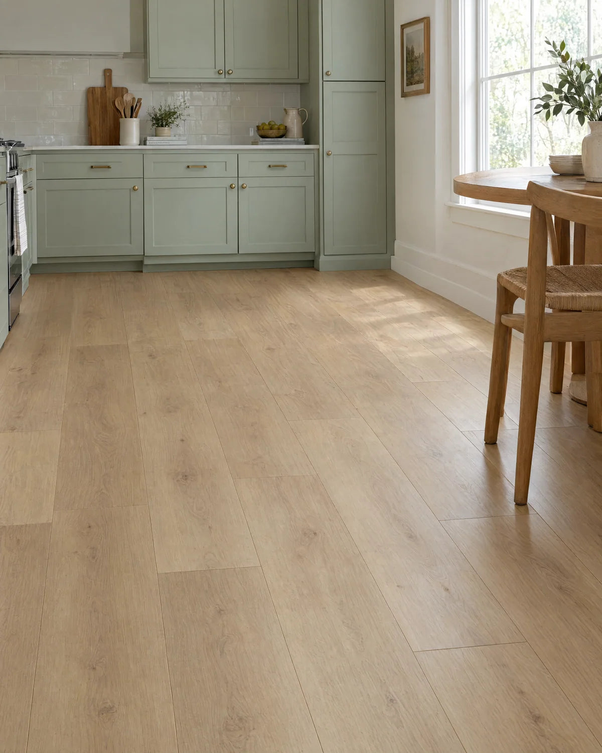 Light oak-look vinyl flooring beside sage kitchen cabinetry