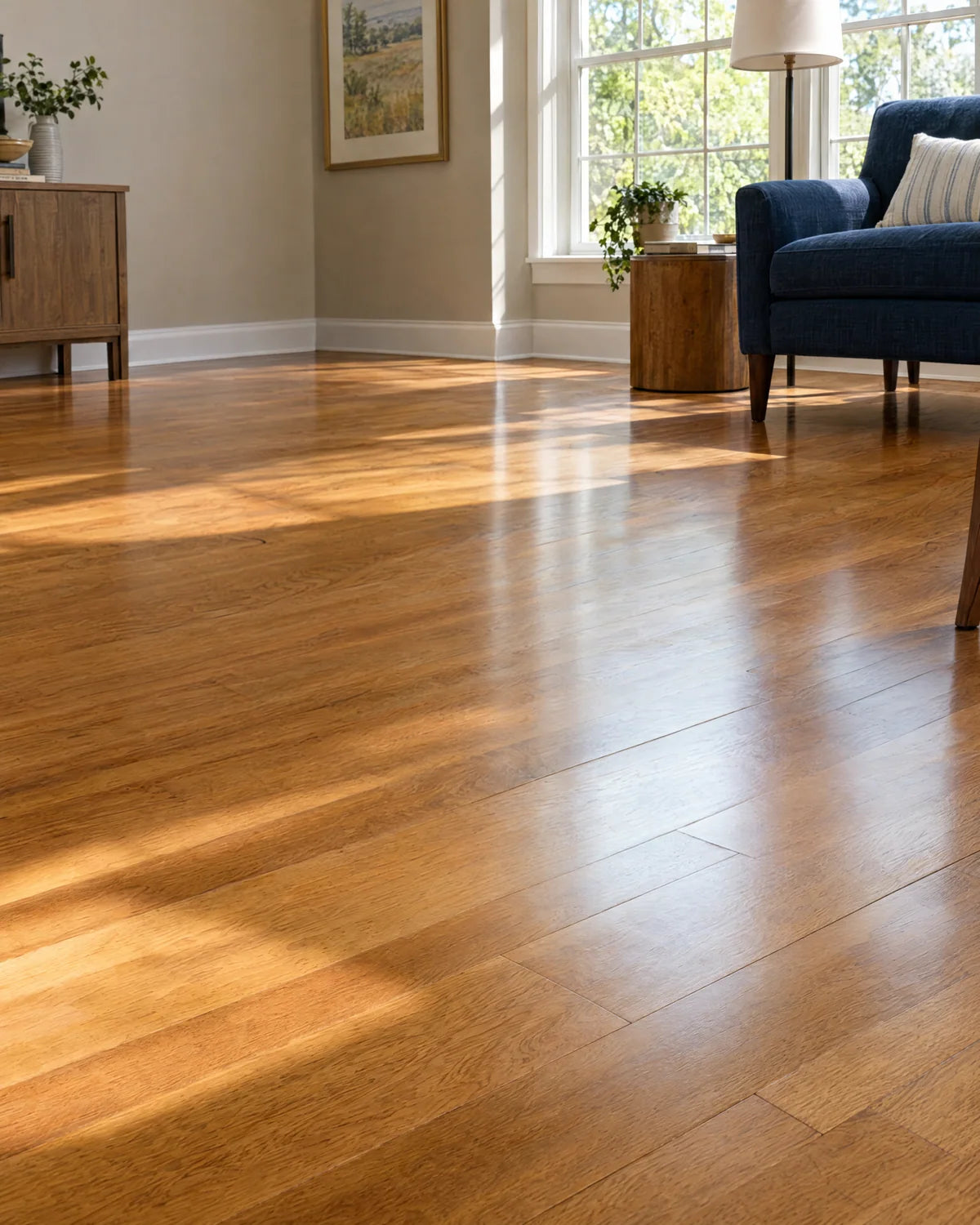 Honey oak hardwood flooring in a sunlit living room