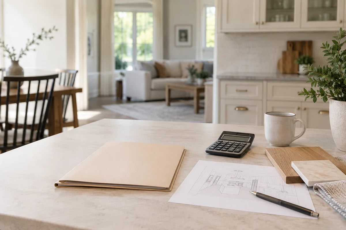 Calculator, folder and finish samples for planning a renovation budget