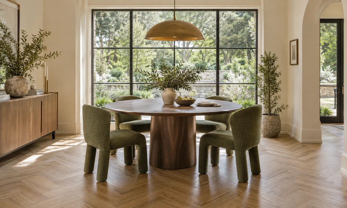 Dining room with oak herringbone flooring and green chairs