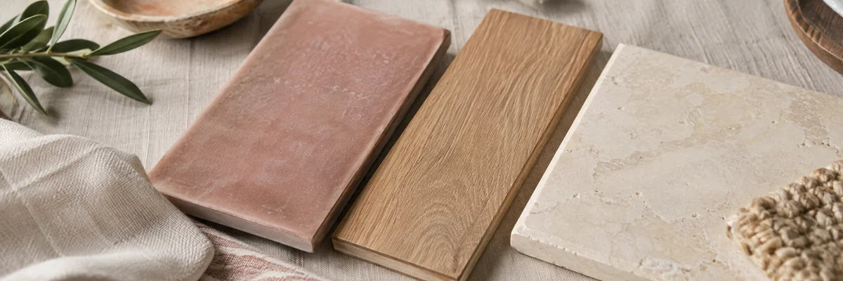 Dusty rose tile, oak and cream stone on a linen-covered table