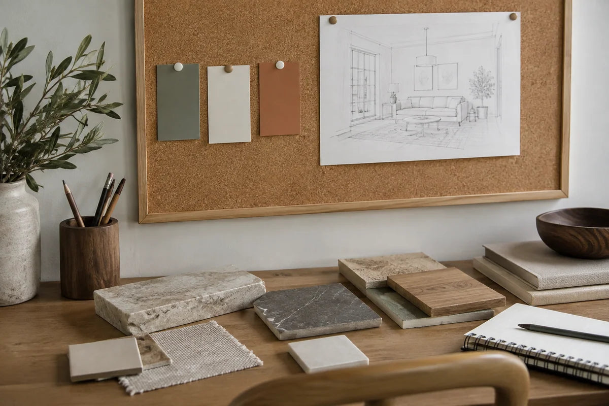 Design pinboard and coordinated material samples in a planning corner
