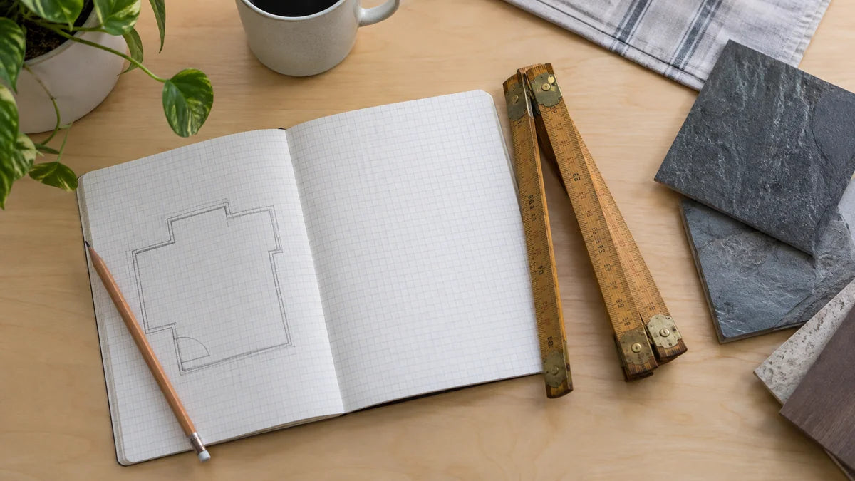 Room sketch, folding ruler and slate tile on a birch desk
