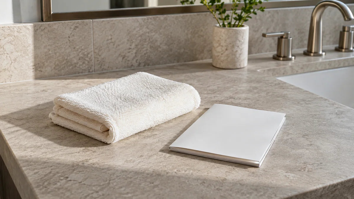 Soft cloth and care booklet beside a honed stone surface