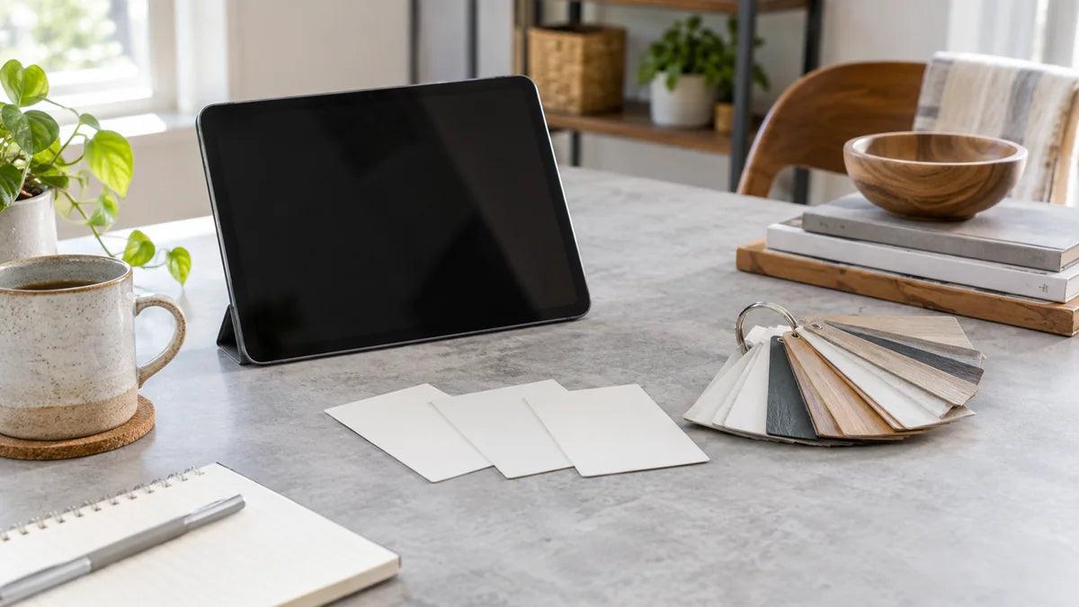 Tablet, swatches and note cards for researching a home project