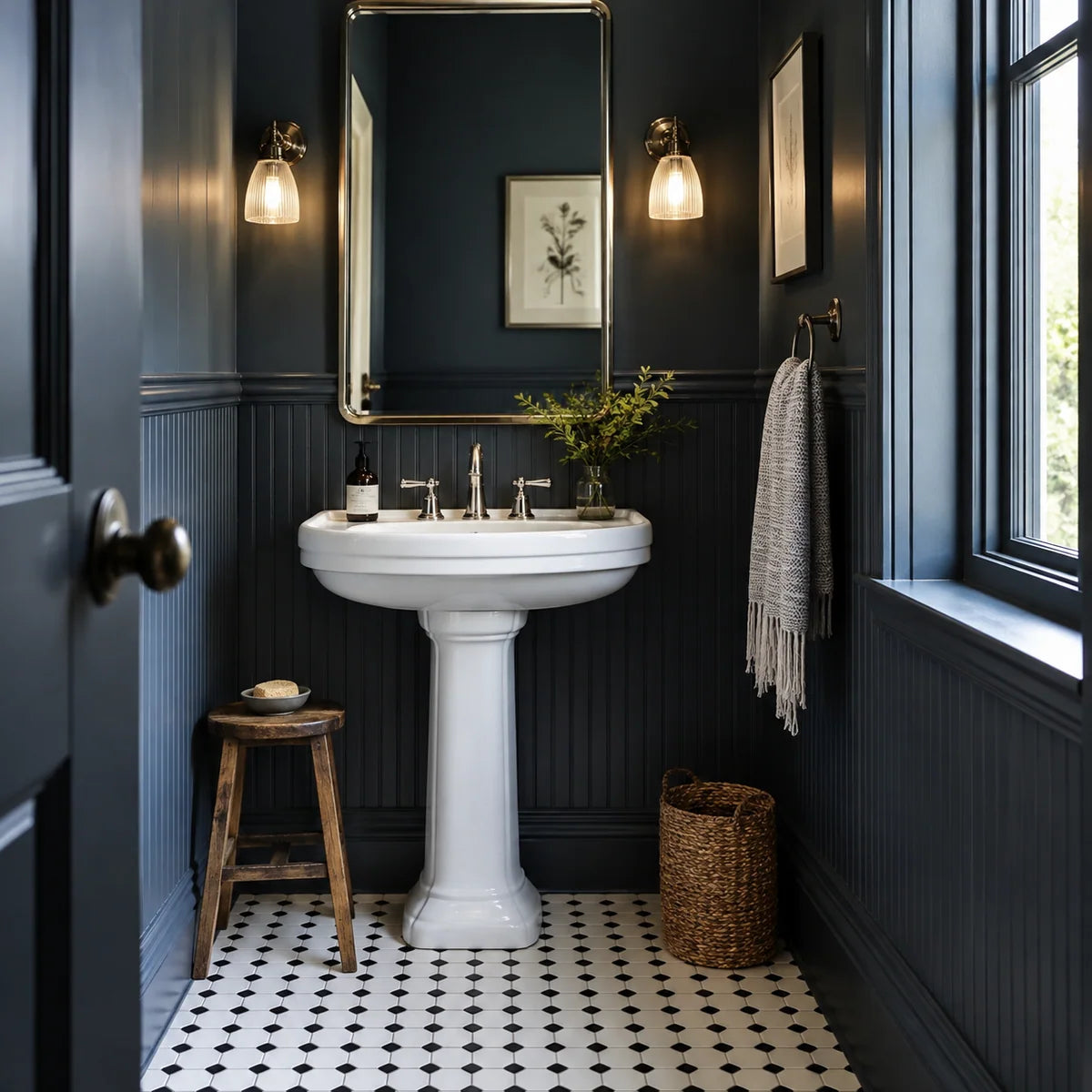 Navy guest bathroom with a white pedestal sink and black-and-white mosaic floor