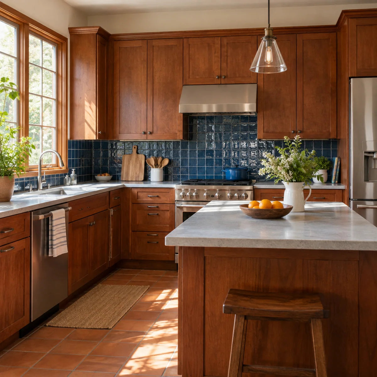 Cherry kitchen cabinetry with cobalt backsplash tiles
