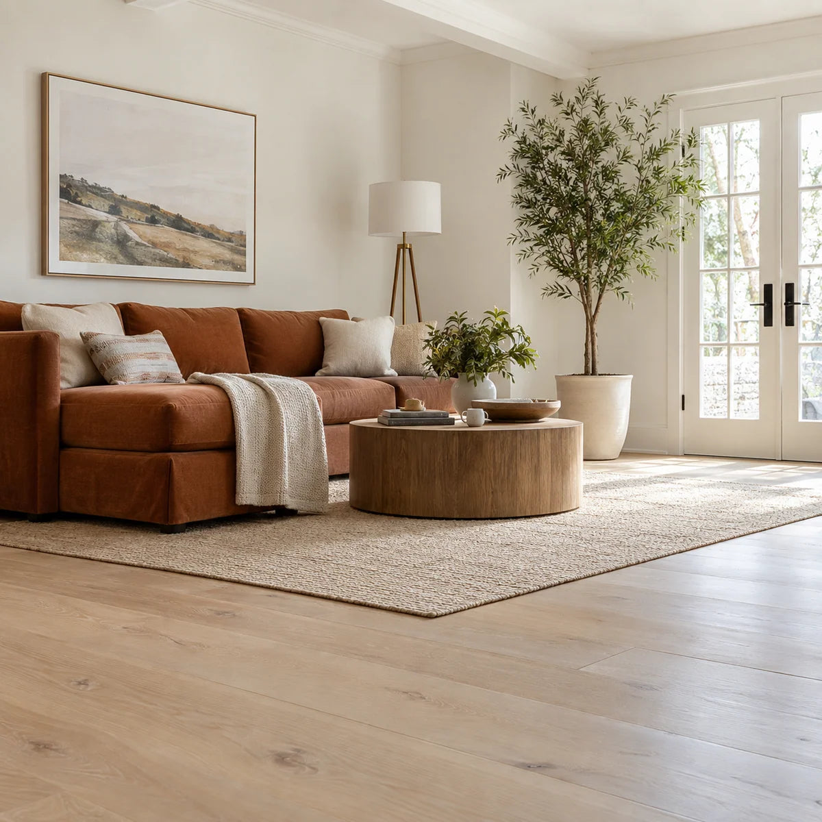 Rust-colored sofa on blonde plank flooring beside French doors