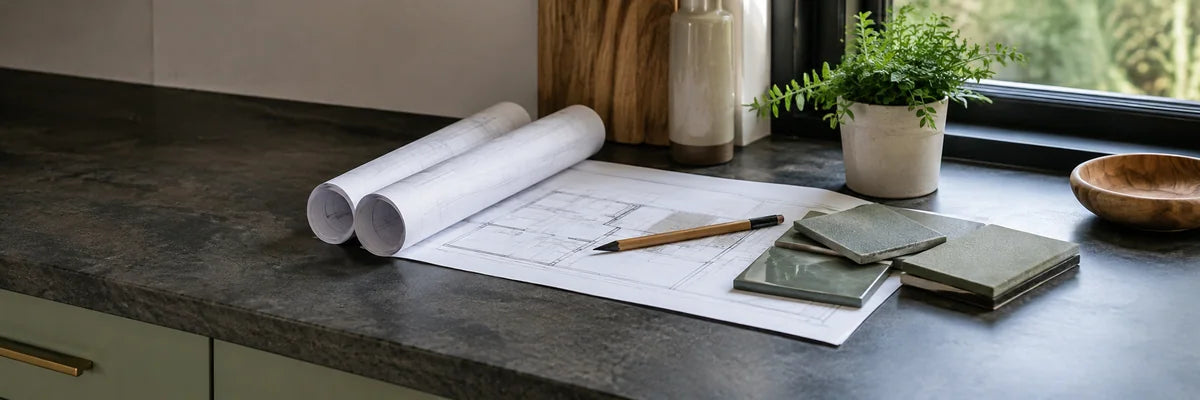 Rolled floor plans and green tile samples on a dark counter