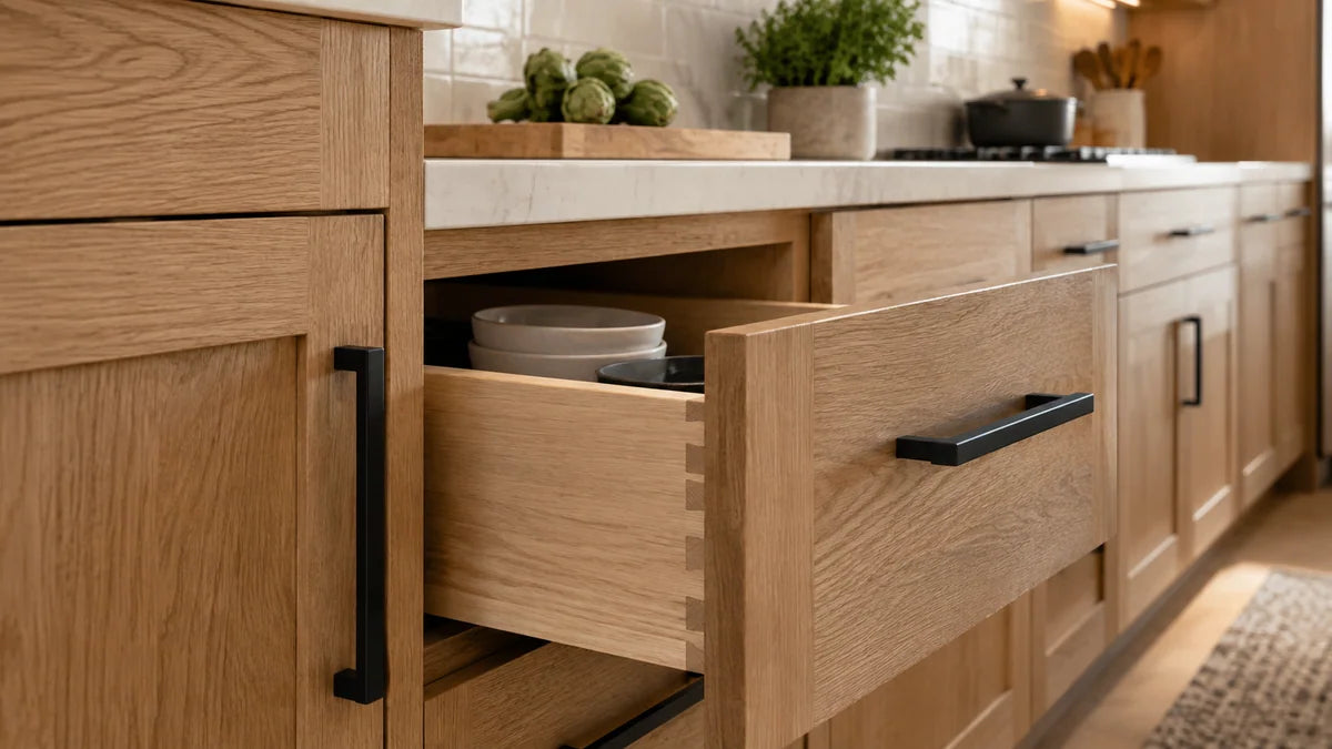 Oak cabinet door and open drawer showing clean joinery