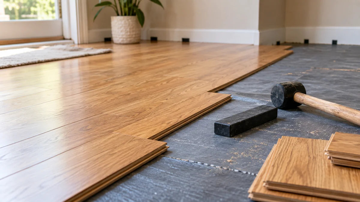 Oak flooring installation with a tapping block and rubber mallet