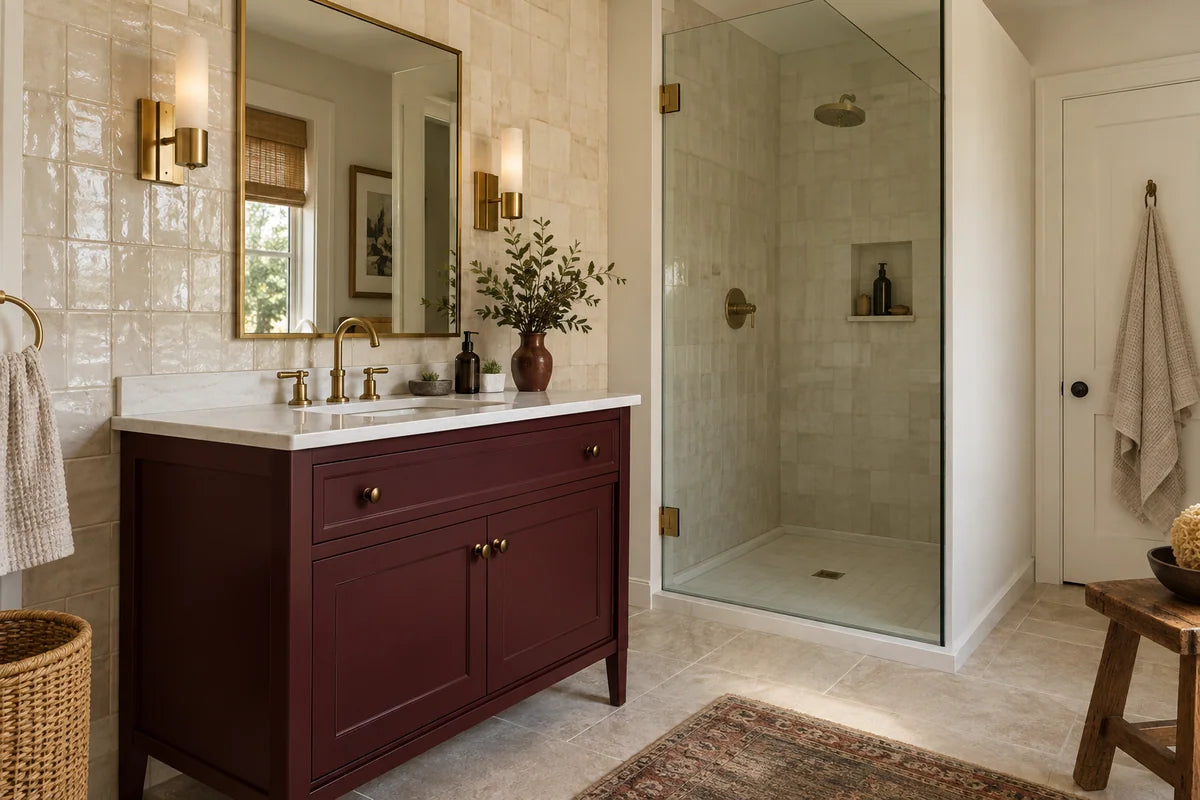 Burgundy bathroom vanity with cream tile and a brass-framed mirror