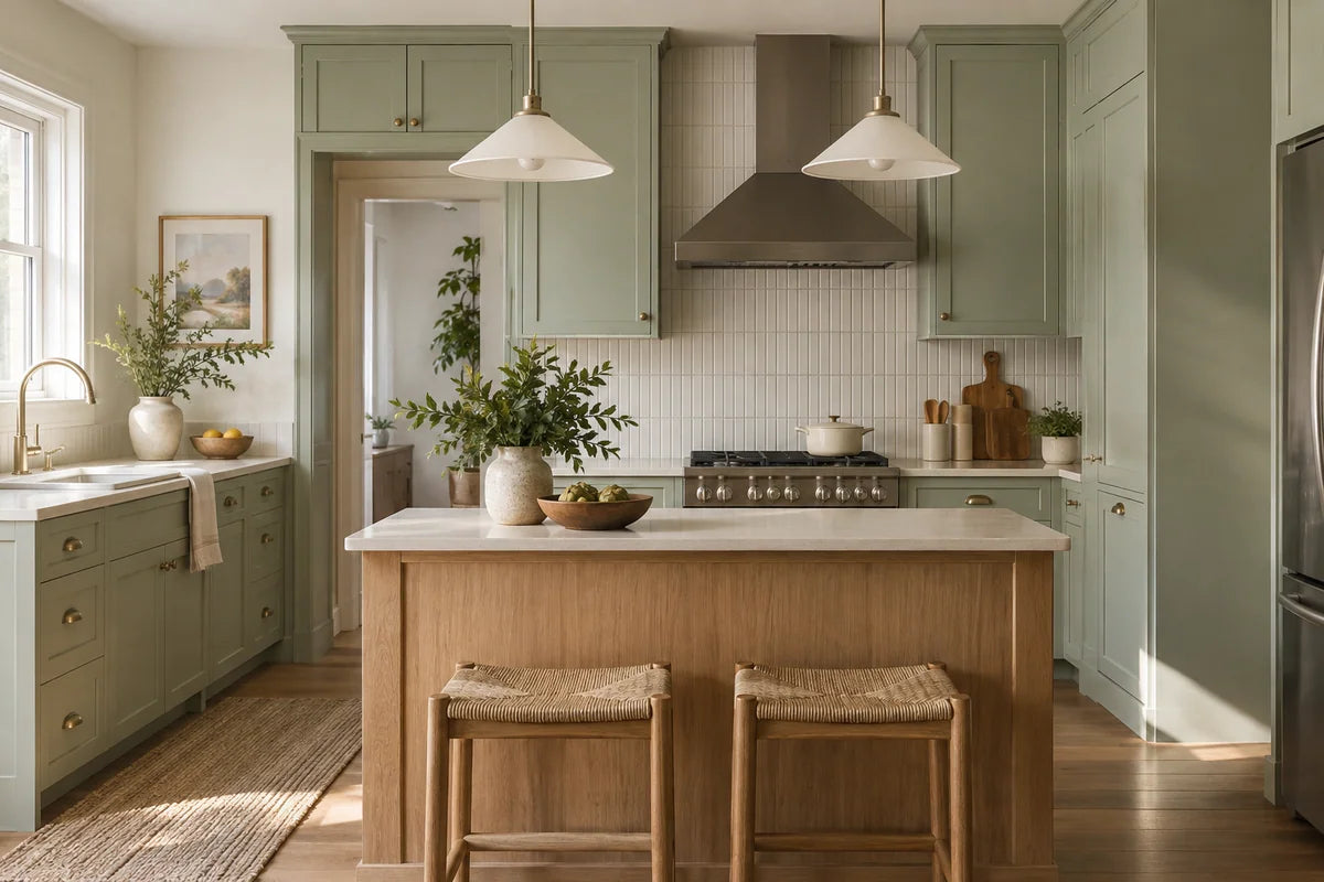 Pistachio kitchen cabinetry with an oak island and white backsplash