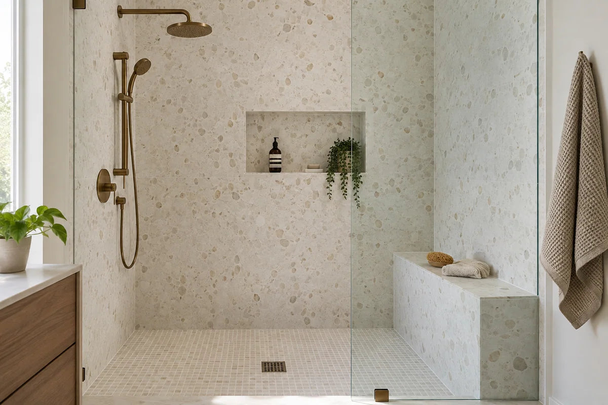 Terrazzo walk-in shower with bronze fittings and a tiled bench