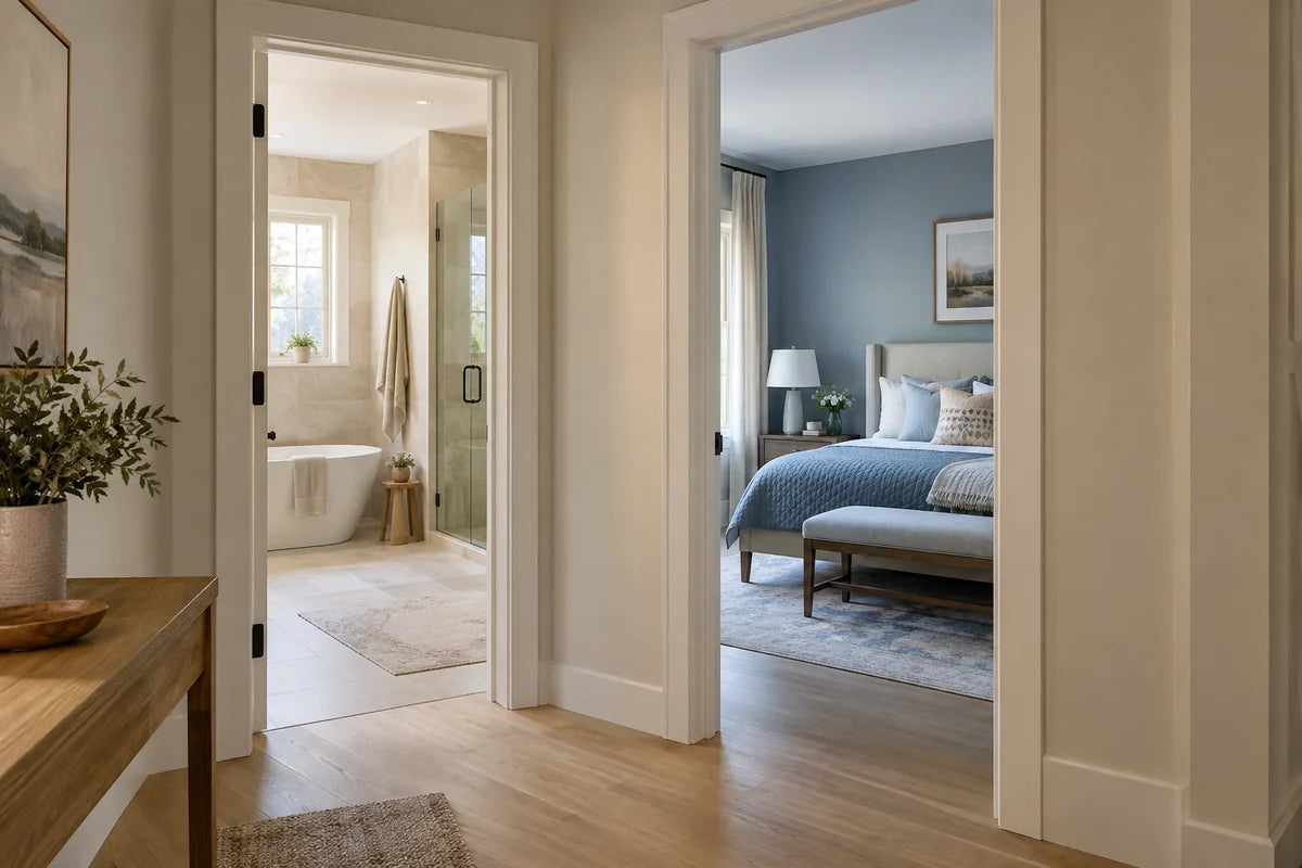 Hallway opening into a beige bathroom and a blue bedroom
