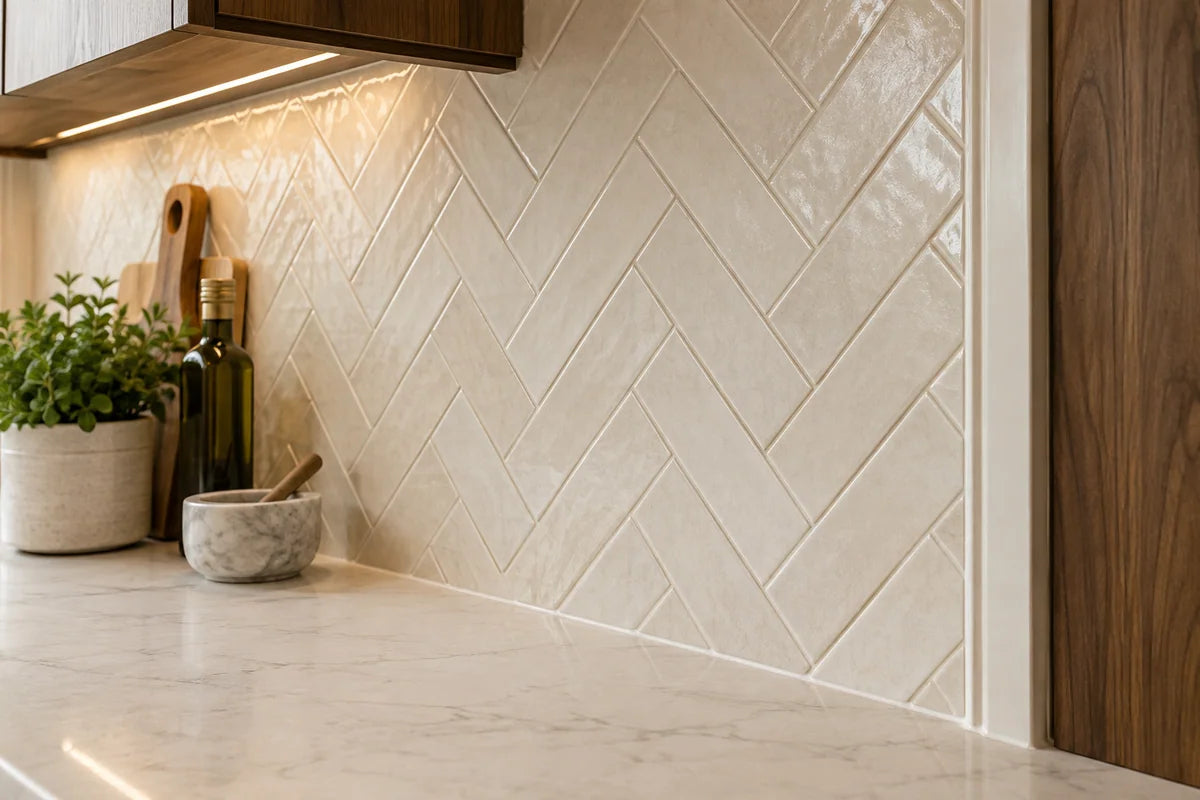 Cream herringbone backsplash with a neatly finished edge