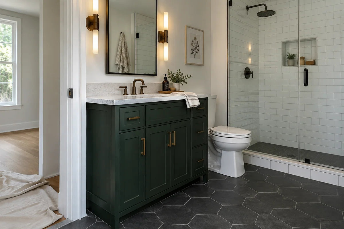 Green vanity and charcoal floor tiles in a newly finished bathroom