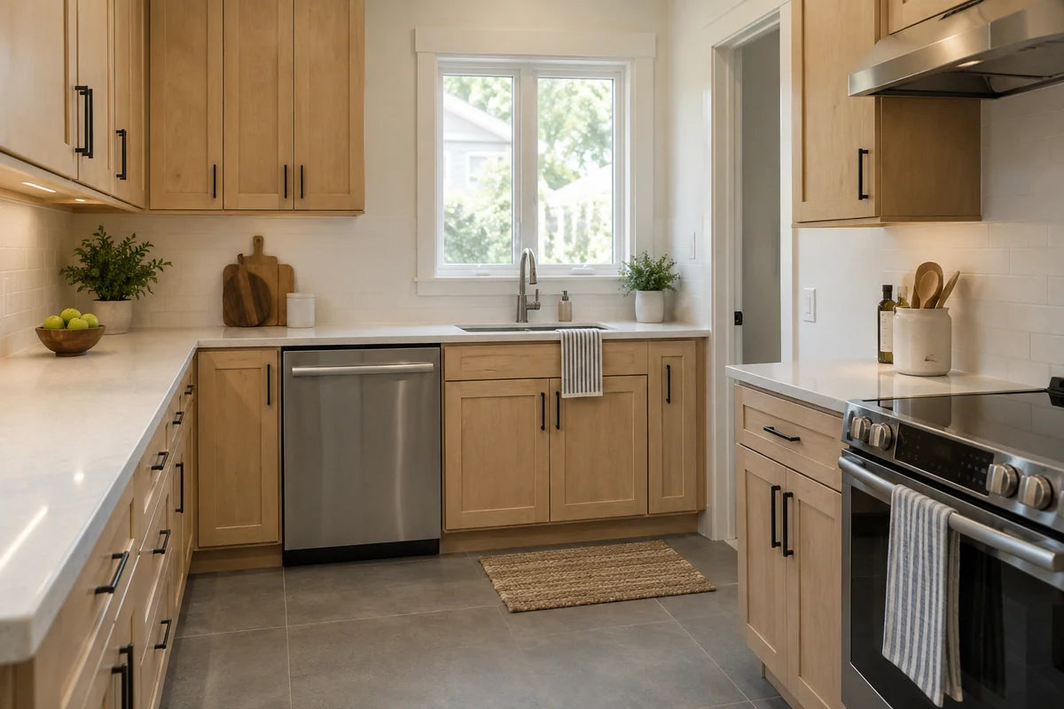 Maple kitchen cabinetry with stainless appliances and gray floor tiles