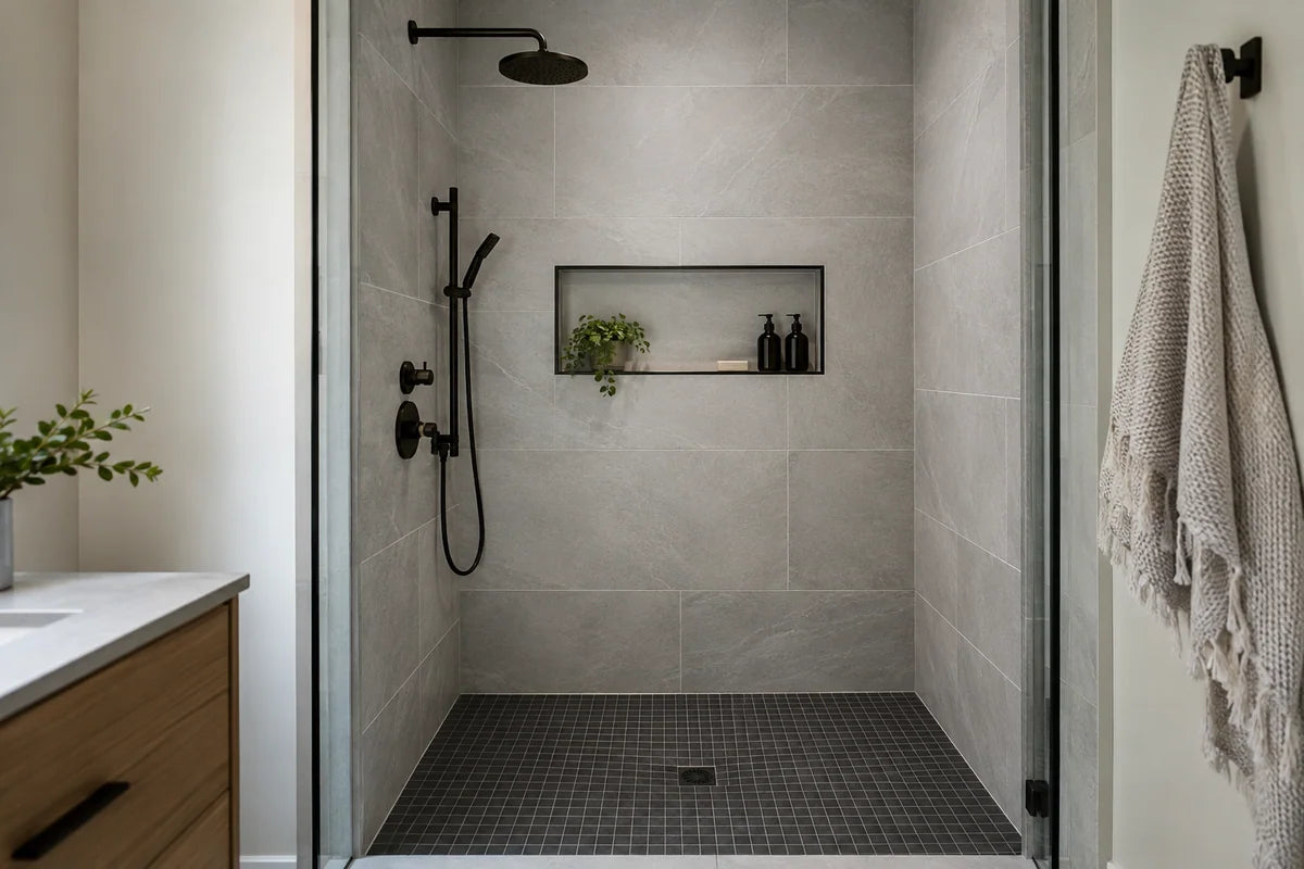 Gray tiled shower with black fixtures and a recessed niche