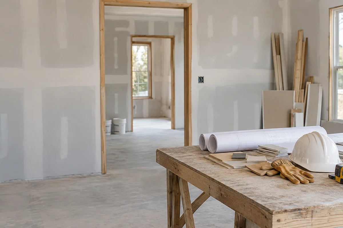 Plans, samples and workwear on a table in a room under renovation