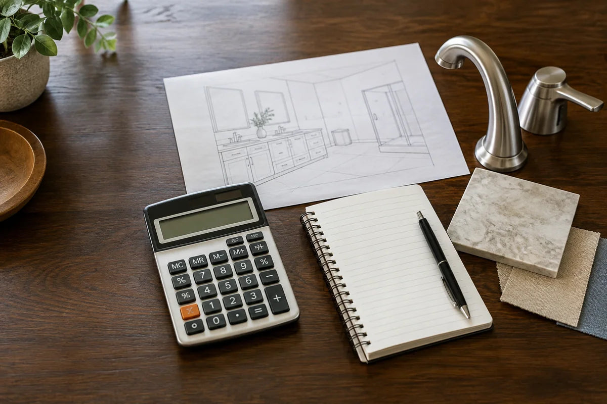 Calculator, project sketch and finish samples for planning purchase costs