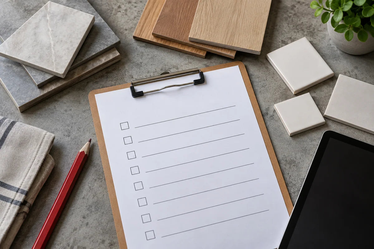 Contractor checklist with tile and wood samples on a workbench
