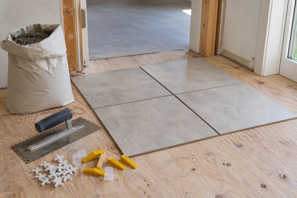 Trowel, spacers and porcelain tiles prepared for an installation