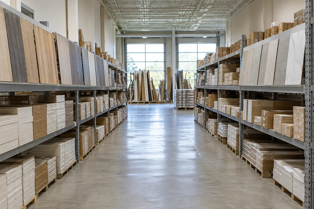 Organized building material racks in a warehouse aisle