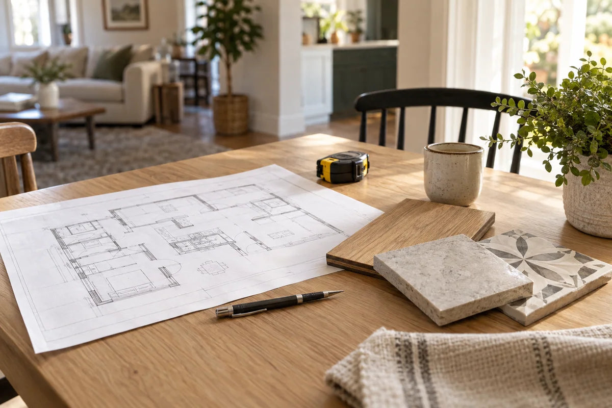 Room plan, tape measure and material samples on an oak table