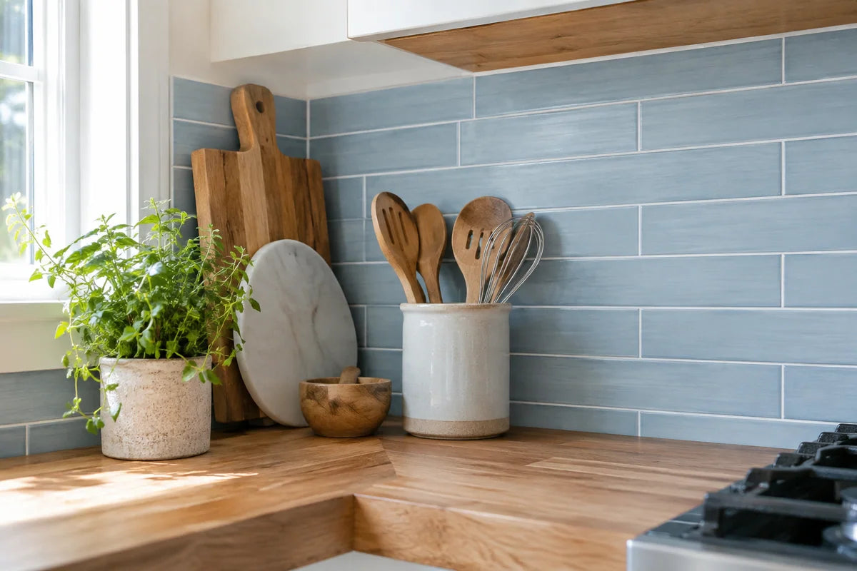 Pale blue backsplash tiles above a butcher block counter