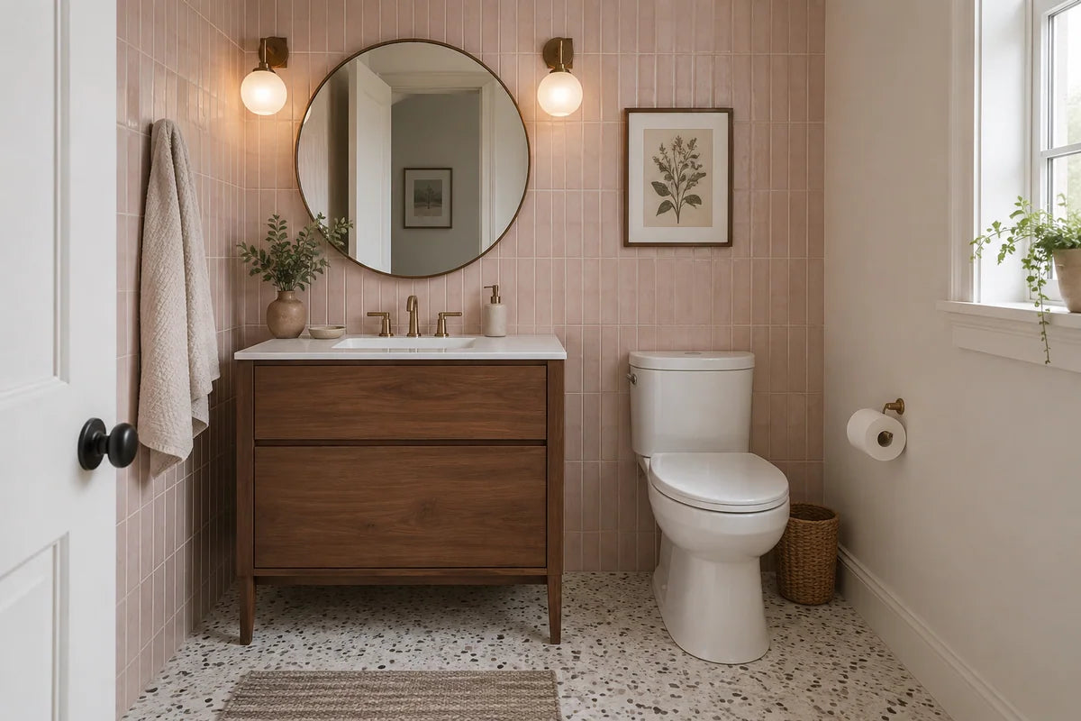 Walnut vanity with pale rose tile and a terrazzo bathroom floor