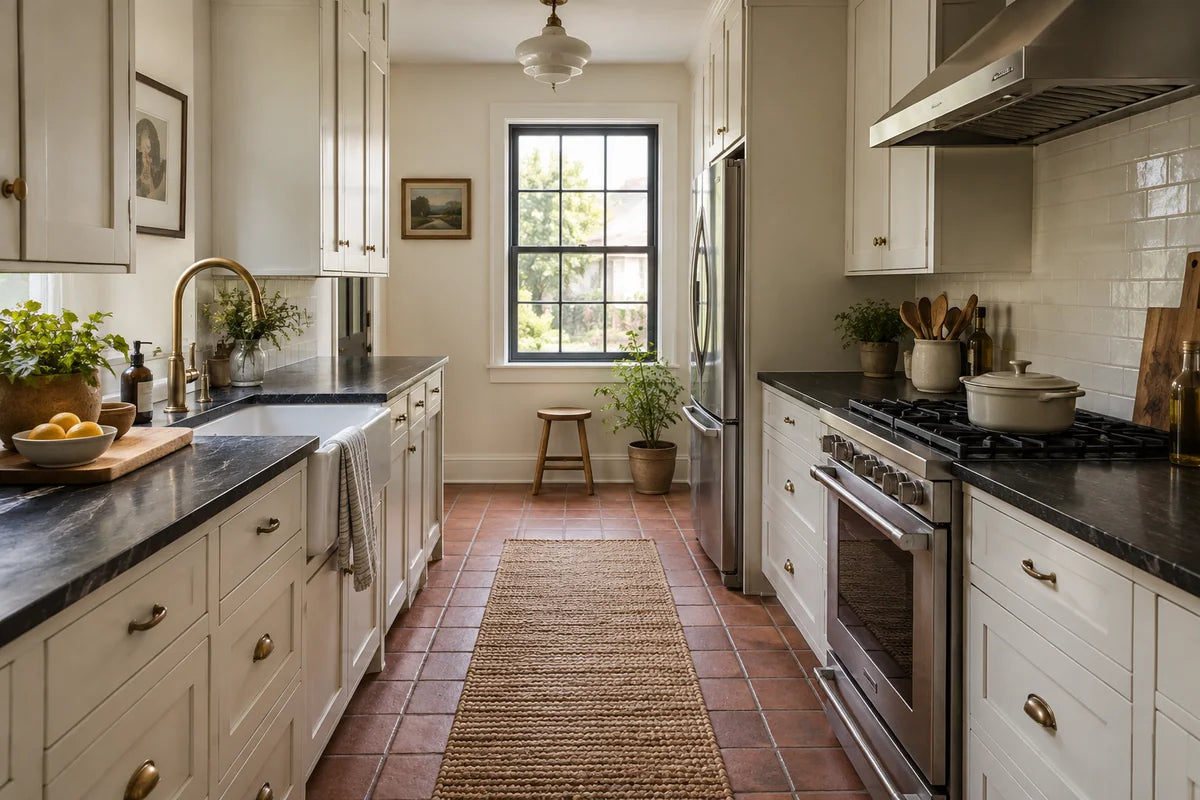Cream galley kitchen with dark counters and terracotta floor tiles