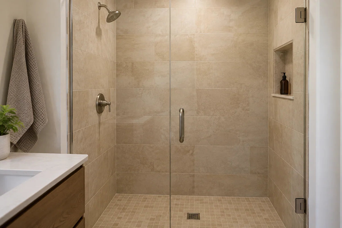 Sand-colored tiled walk-in shower with a glass door