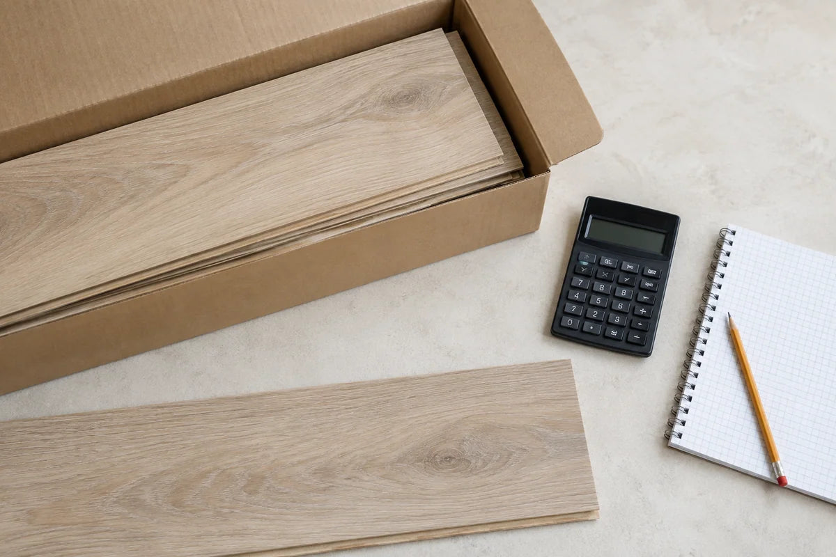 Open flooring carton, sample plank and calculator for estimating coverage