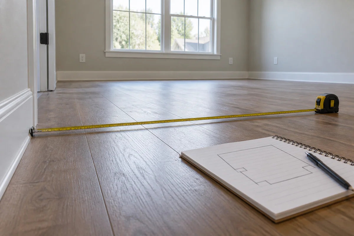 Tape measure stretched across a room beside a sketched floor plan