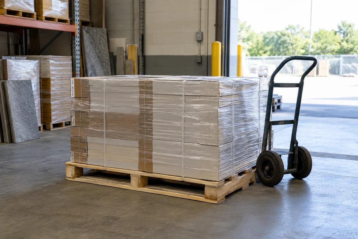 Wrapped tile cartons on a pallet ready for warehouse pickup