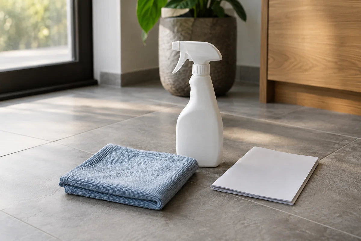 Microfiber cloth and unlabelled cleaner beside a porcelain floor