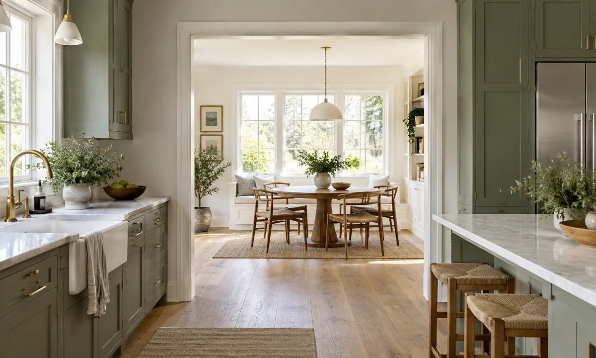 Sage kitchen opening into a bright breakfast nook