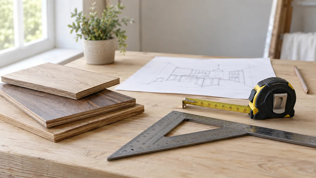 Carpenter square, tape measure and plank samples on a worktable