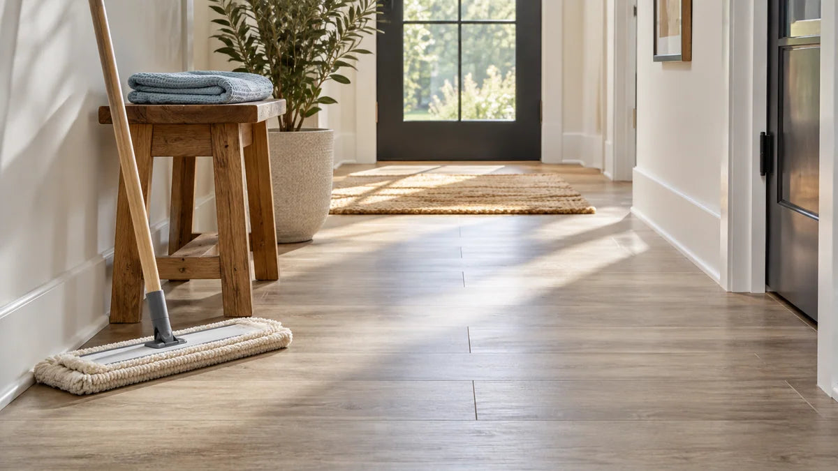 Dry mop and soft cloth beside a clean vinyl hallway floor