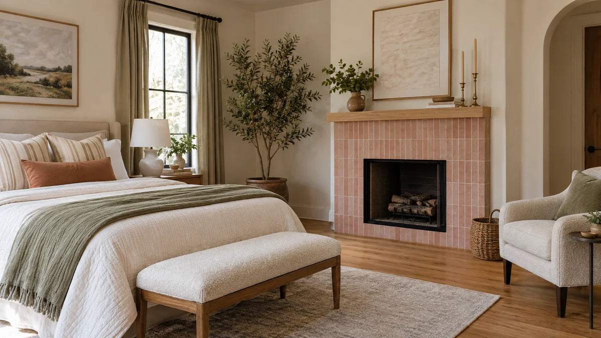 Bedroom nook with a tiled fireplace and upholstered bench