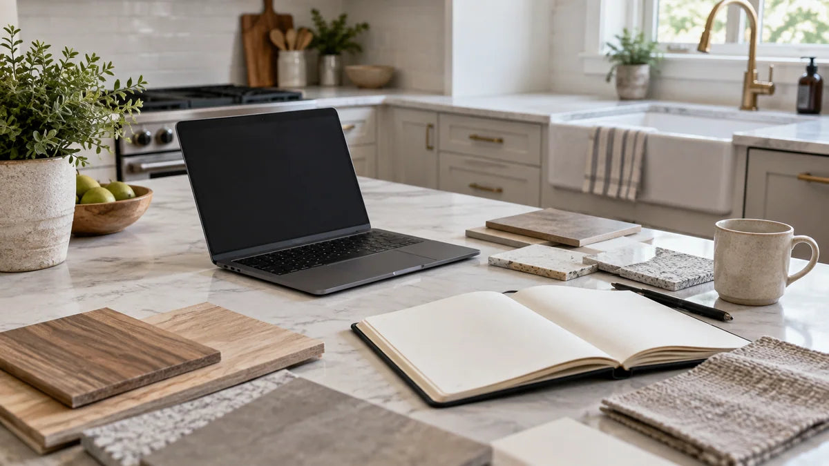 Laptop, notebook and finish samples ready for project questions