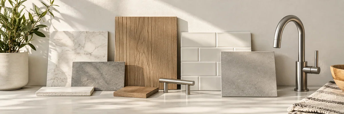 Coordinated tile, wood and metal finish samples on a cream table