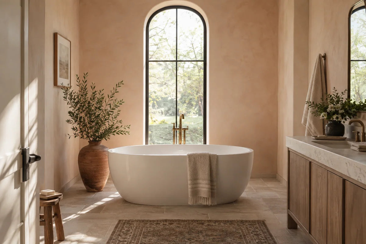Freestanding tub against pale peach walls beneath an arched window