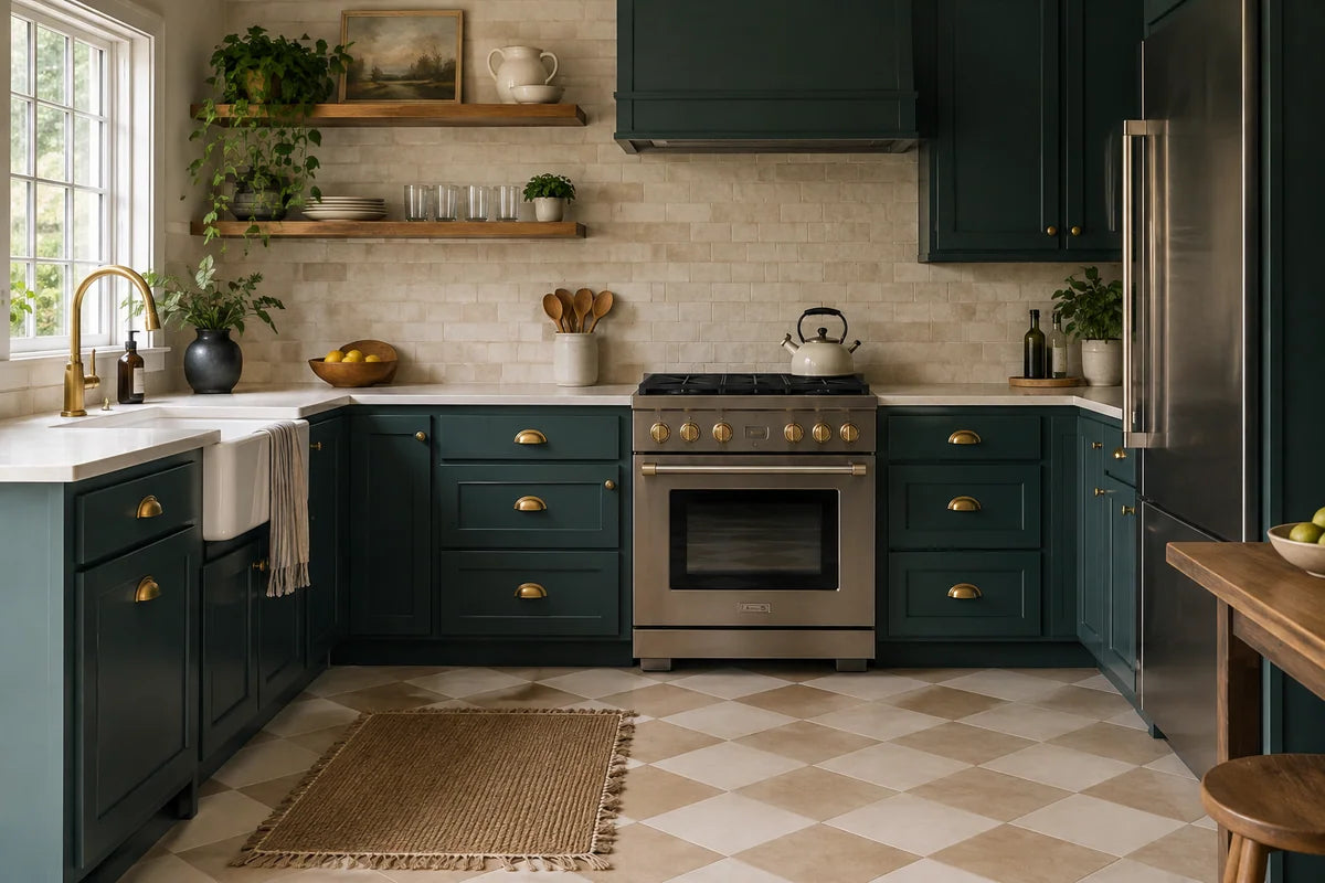 Teal kitchen with cream backsplash and a checkerboard floor